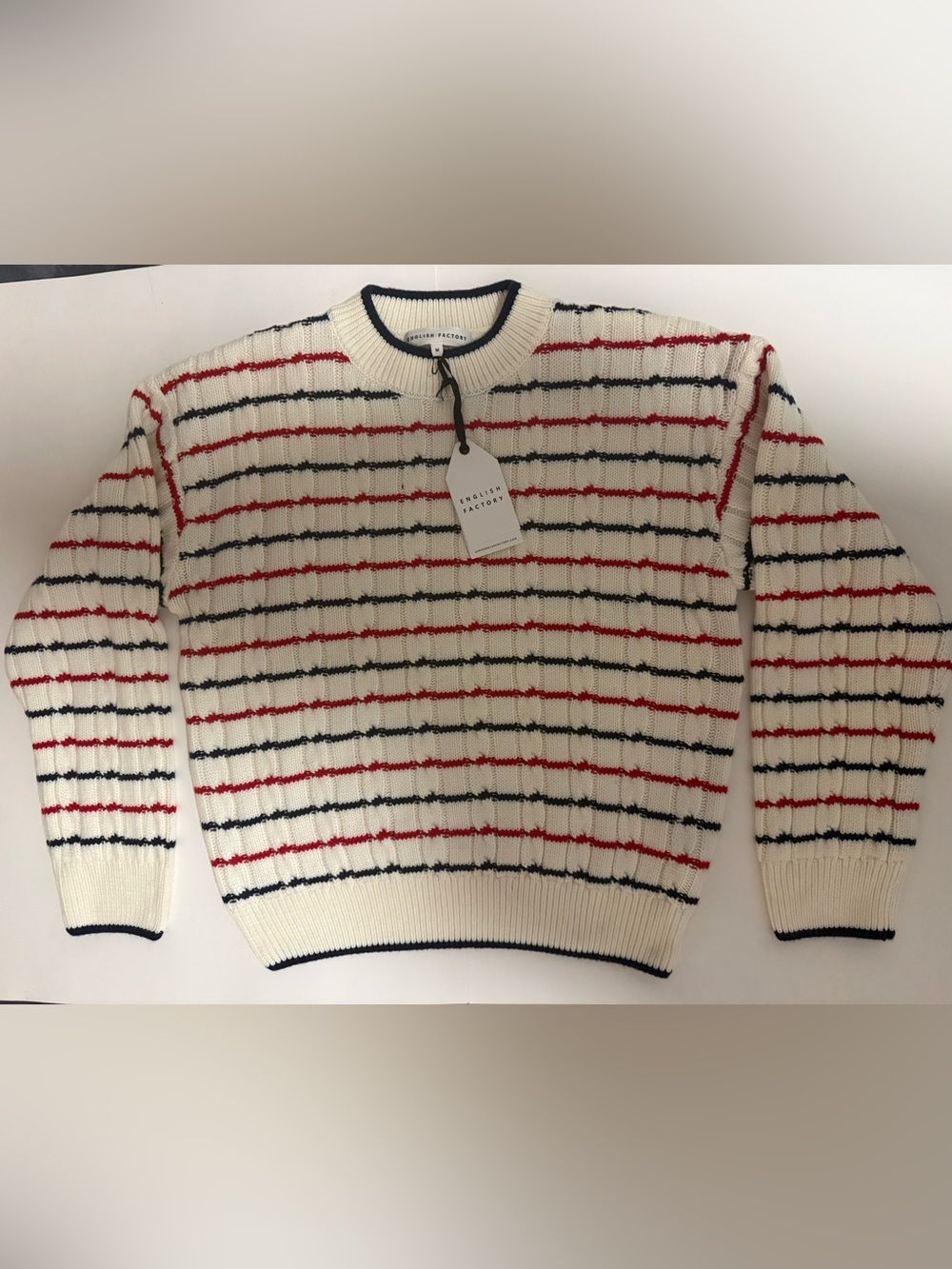 English Factory M Textured Stripe Knit Sweater Red Navy Americana Cozy NWT $110